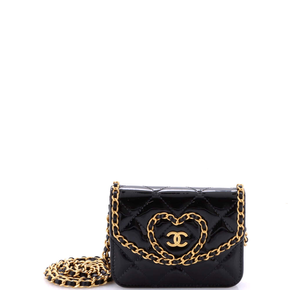 Chanel Mini Heart Chain Flap Bag Quilted Patent